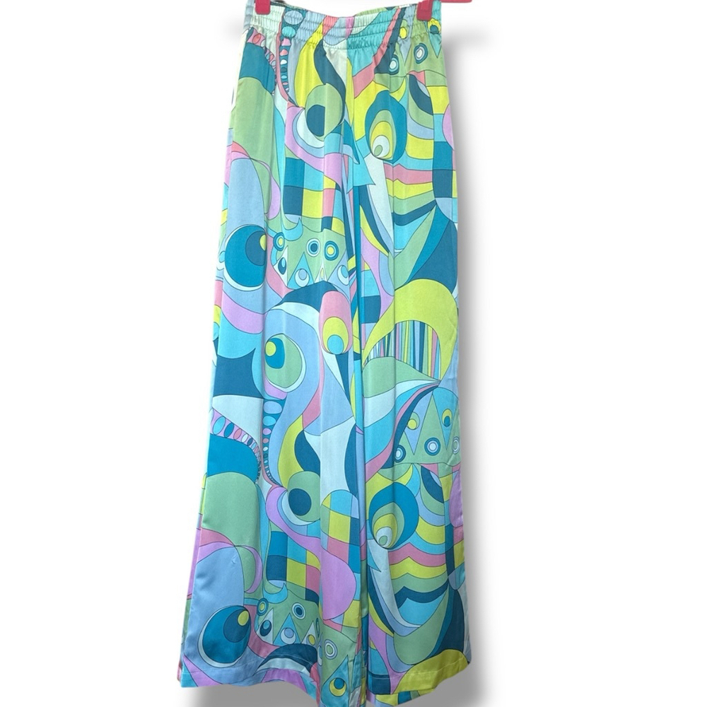 Show Me Your Mumu Irwin Pants XS Blue Pink Green Abstract Wide Leg Pants